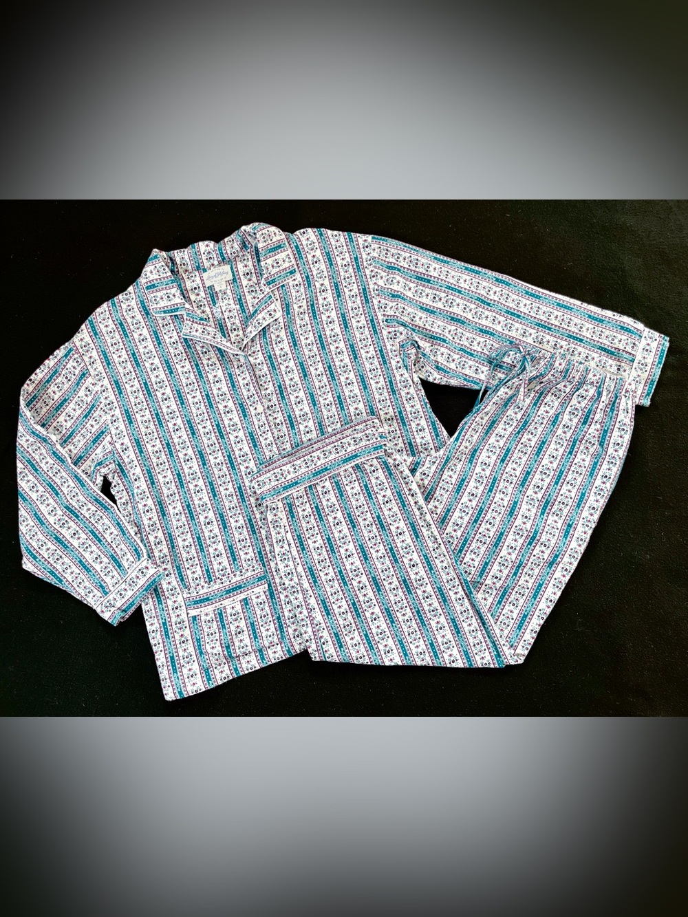 Lanz of Salzburg Classic Cotton Flannel Tyrolean Pajama Set Teal Top Pants M